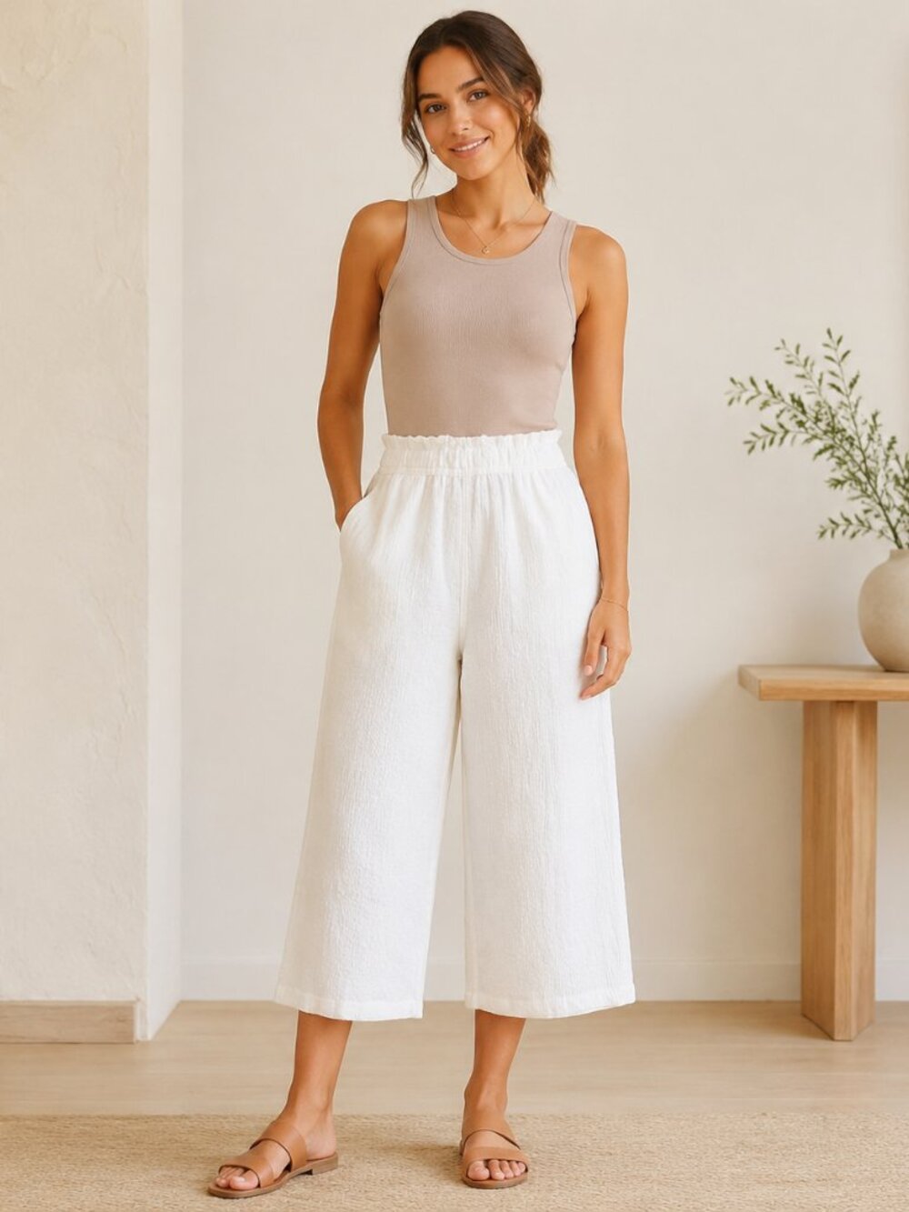 Iyla Small White Elastic-Waist Cropped Wide Leg Pants Resortwear